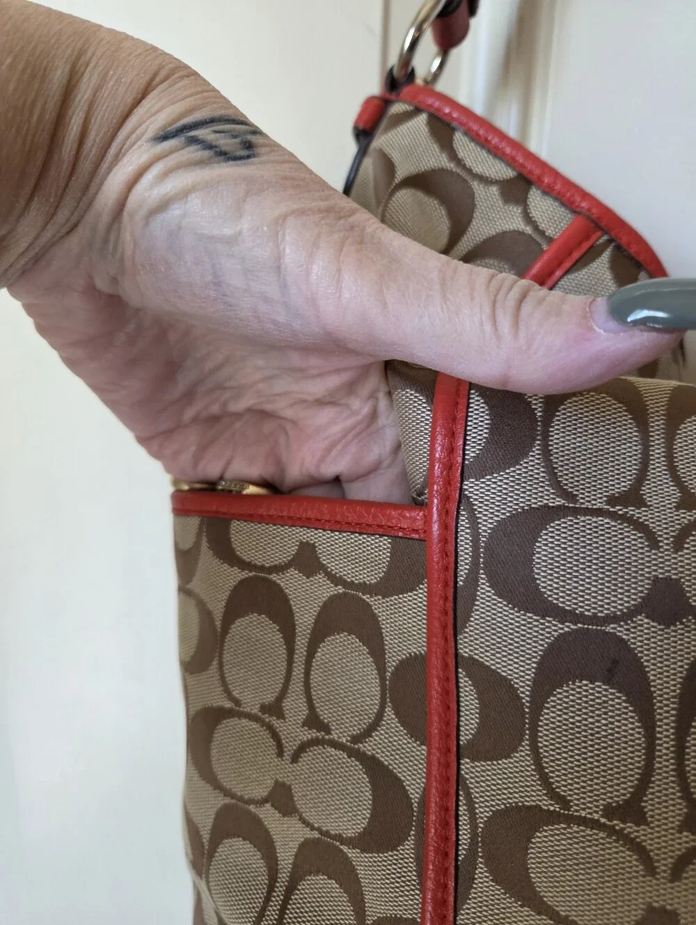Coach Khaki Signature Canvas Hobo with Red Leather Trim 